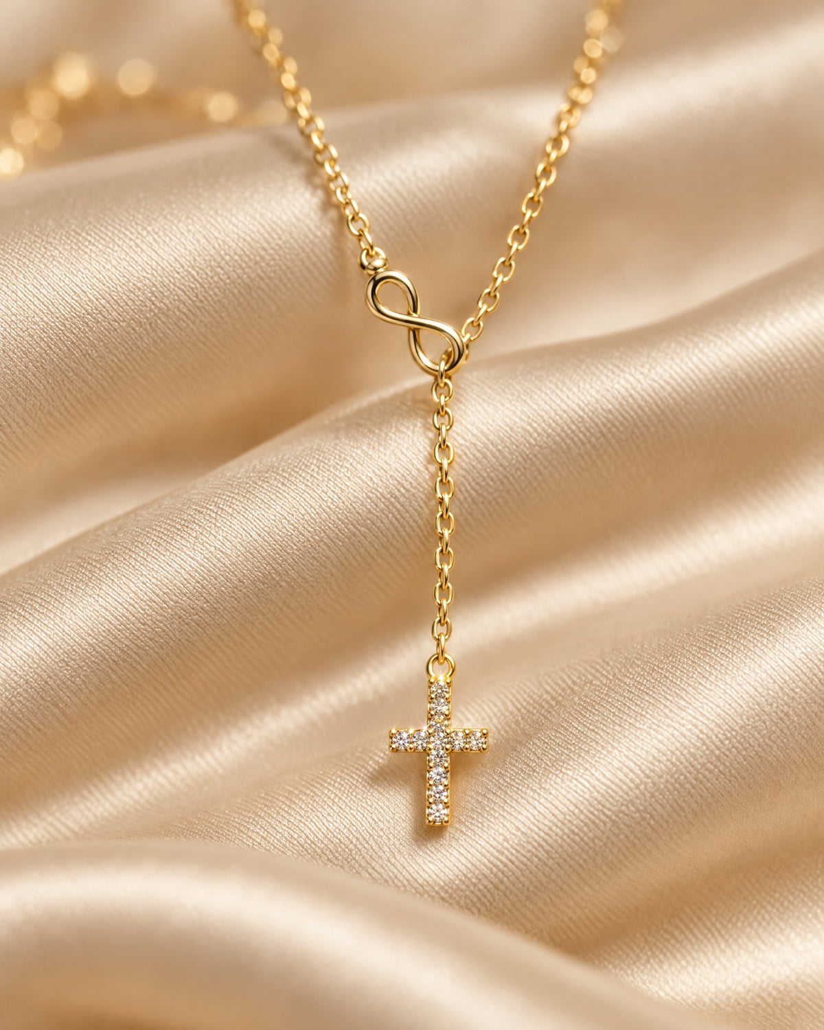 Infinity Cross Lariat Necklace detail - Glimvora
