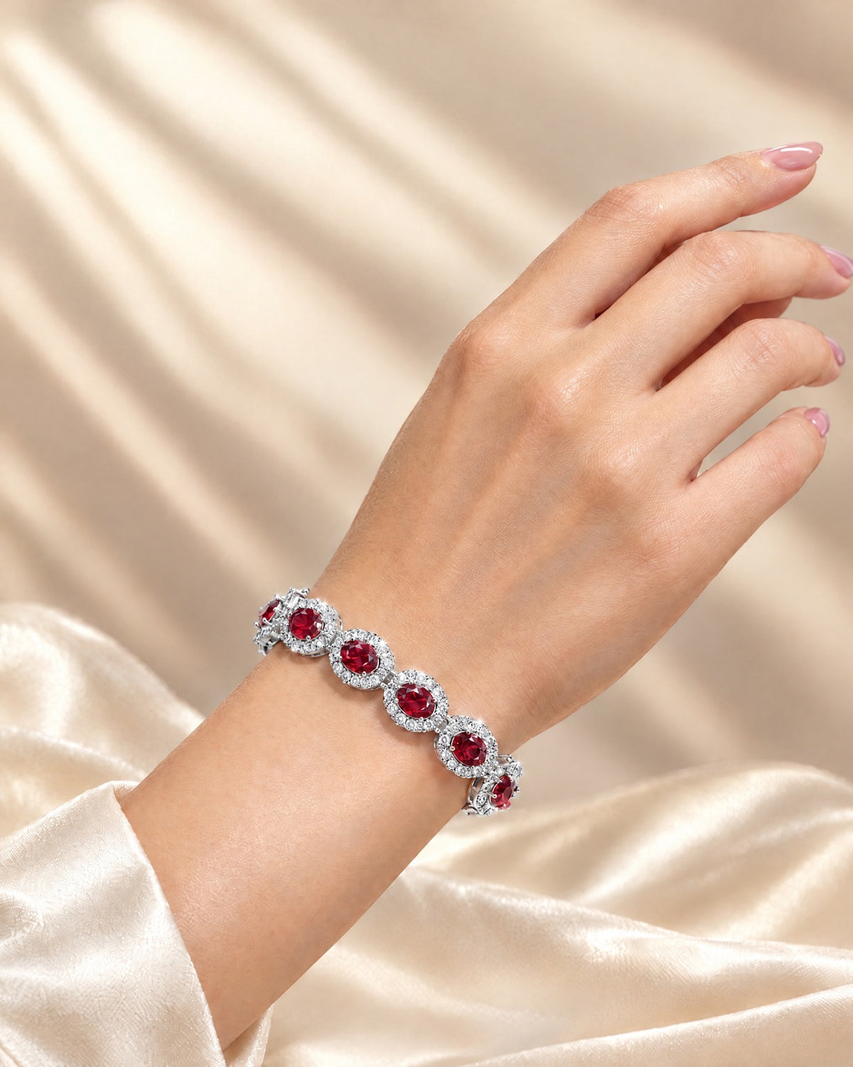 Ruby Red Oval Halo Bracelet close-up - Glimvora