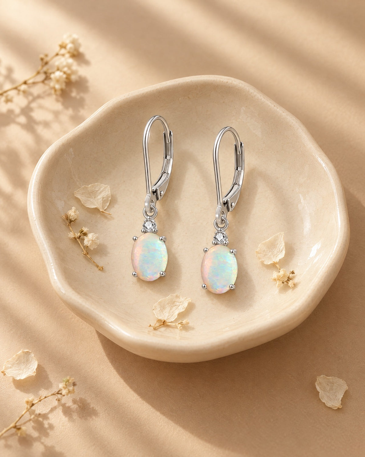White Opal Oval Drop Earrings detail - Glimvora