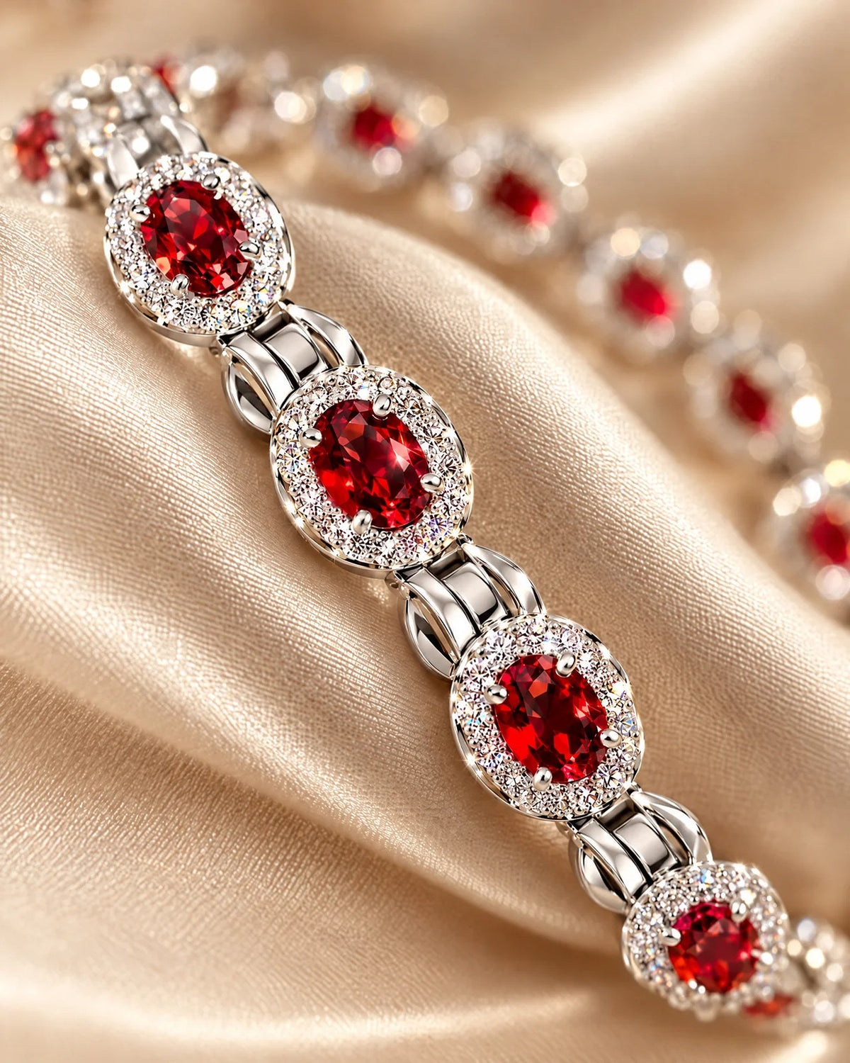 Ruby Red Oval Halo Bracelet on wrist - Glimvora