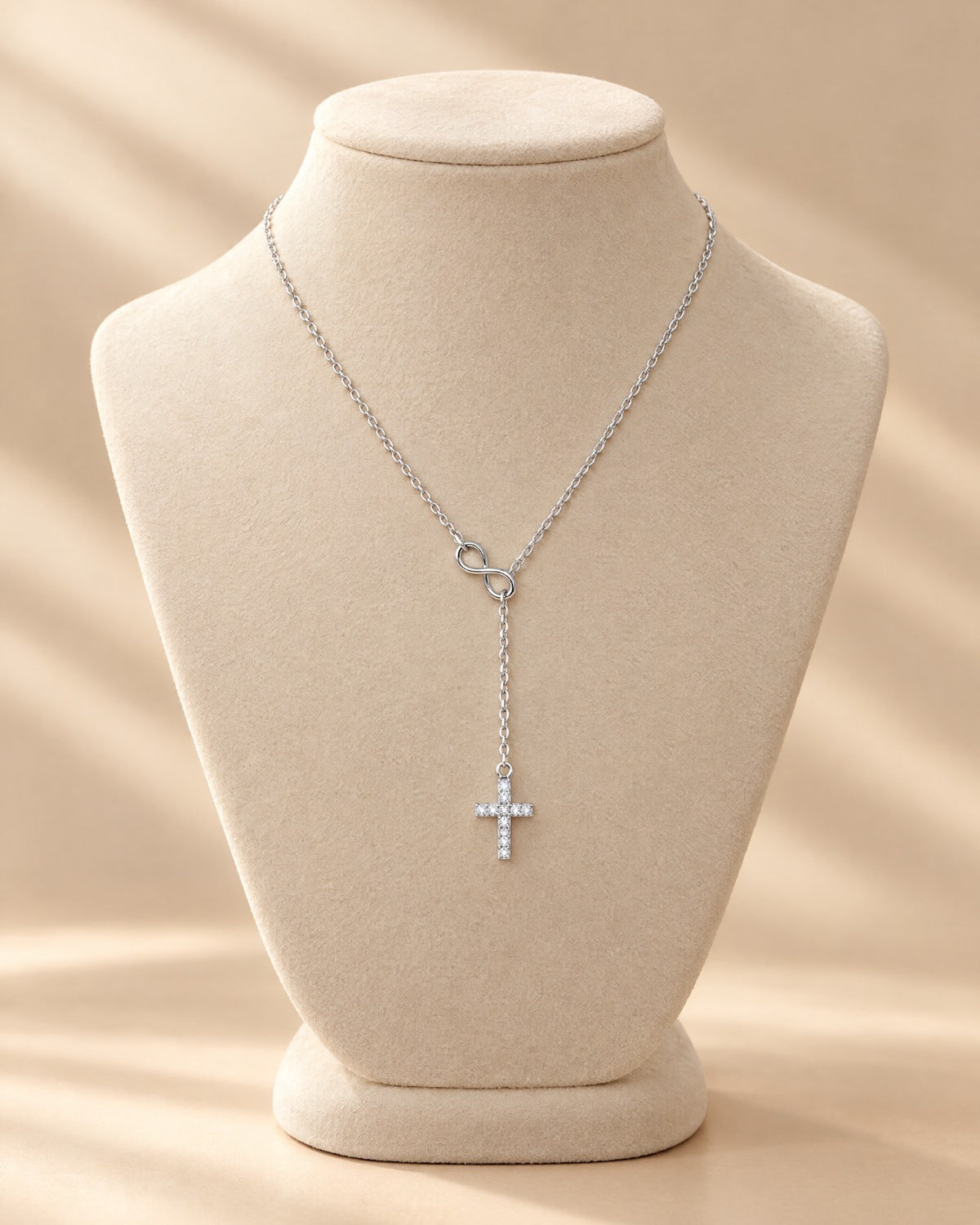 Infinity Cross Lariat Necklace worn - Glimvora