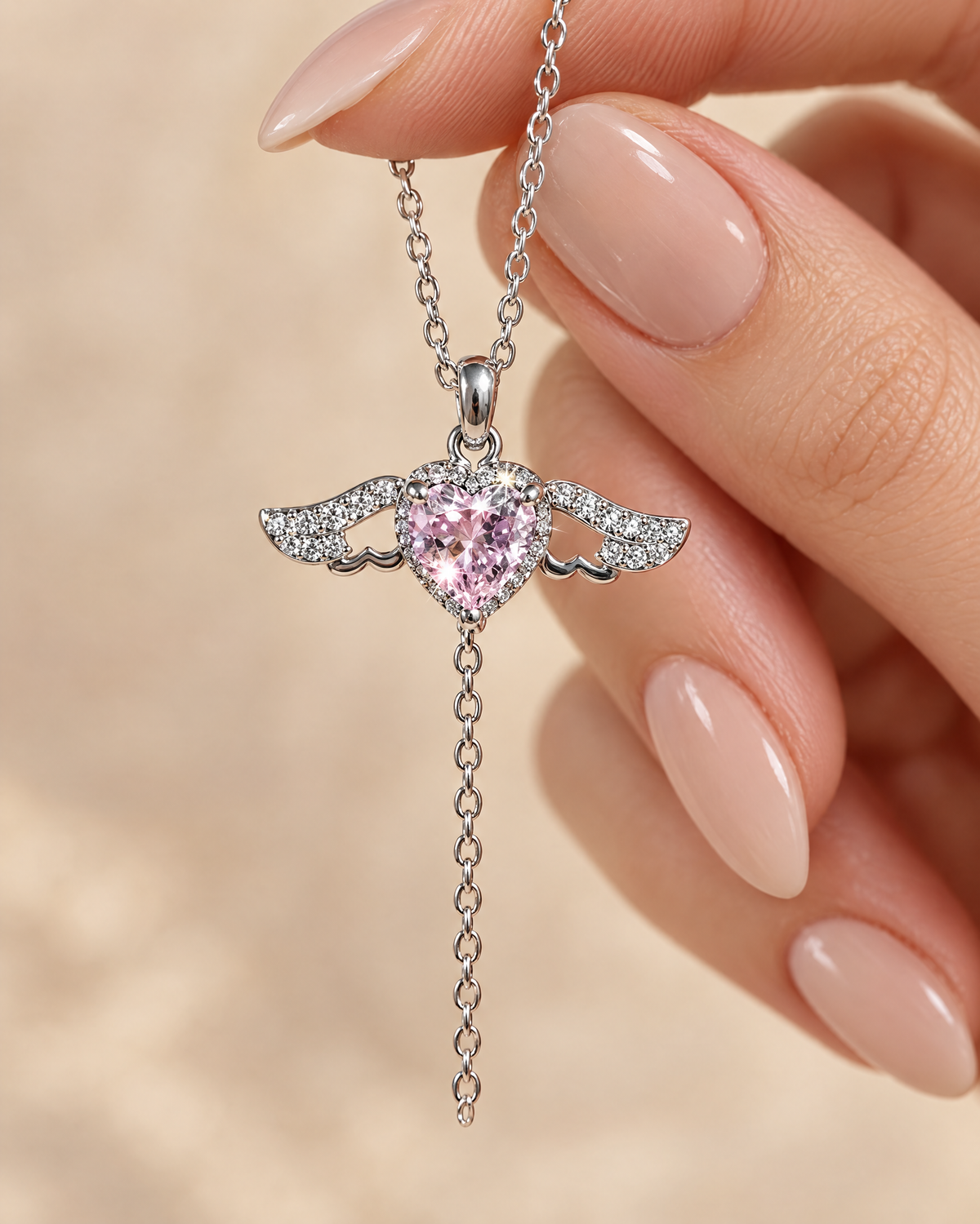 Close-up of the pink heart and pavé angel wings pendant