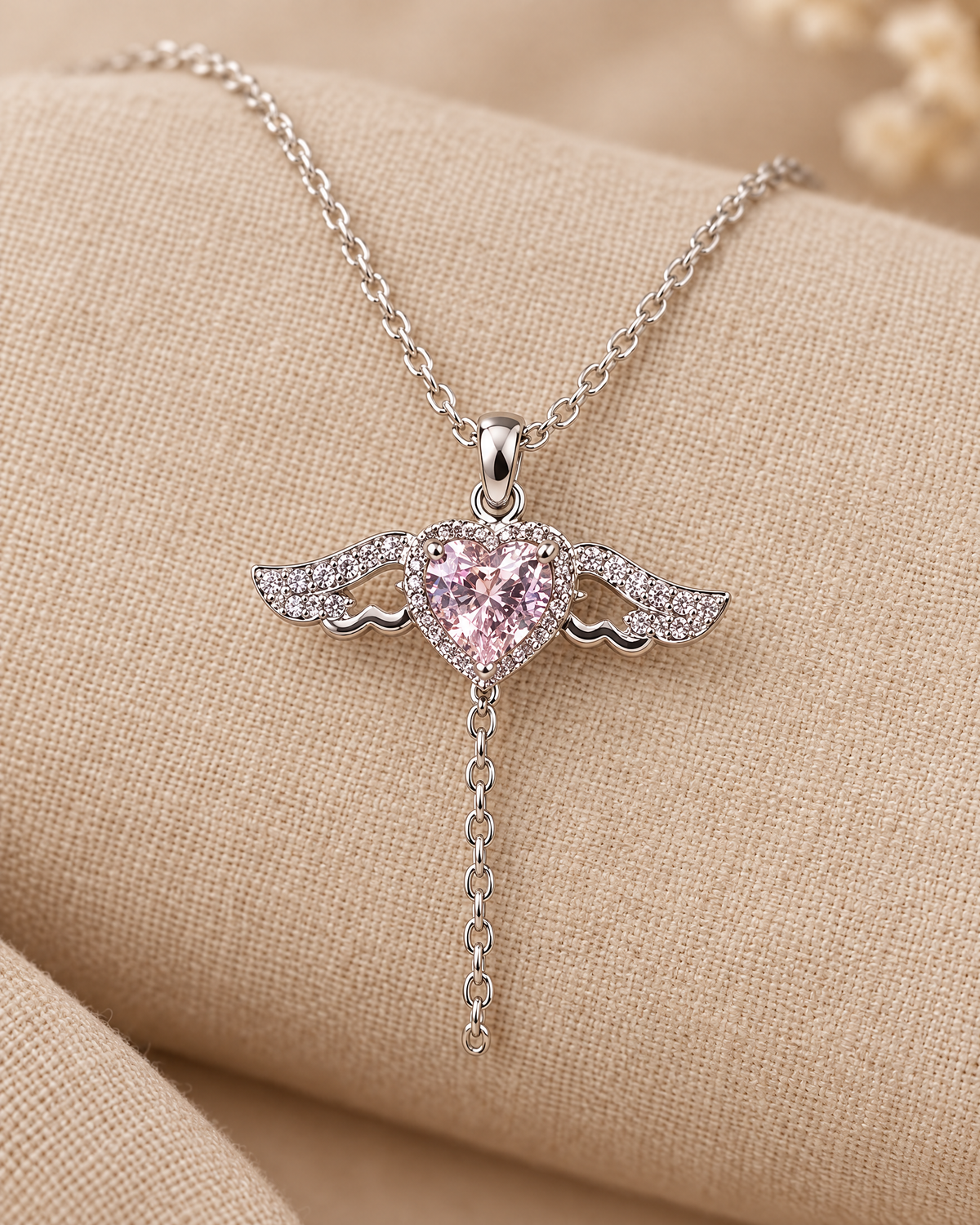 Pink Heart Angel Wing Necklace in 925 sterling silver on beige linen