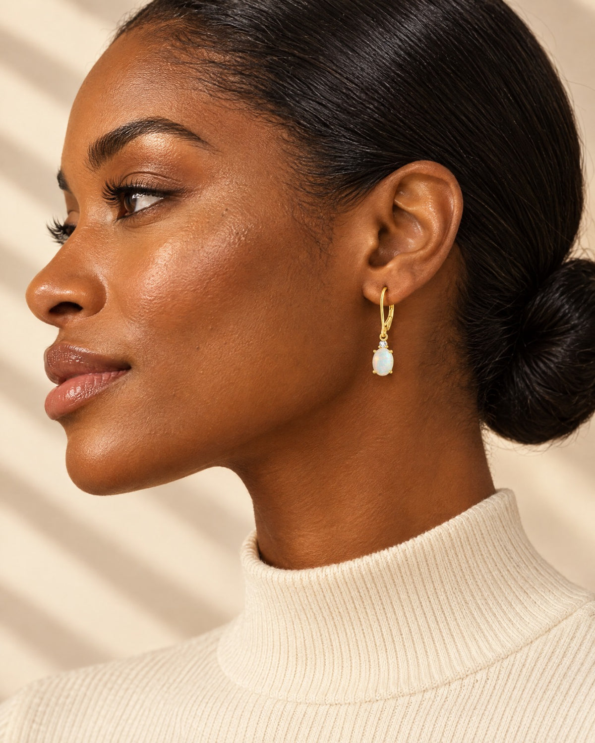 White Opal Oval Drop Earrings close-up - Glimvora