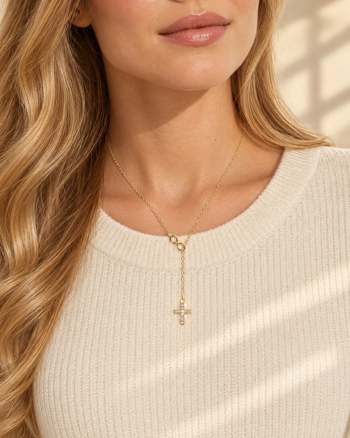 Infinity Cross Lariat Necklace close-up - Glimvora