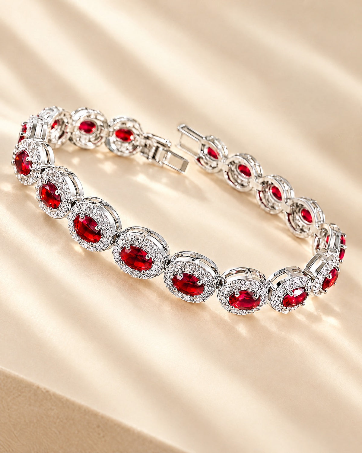 Ruby Red Oval Halo Bracelet detail - Glimvora