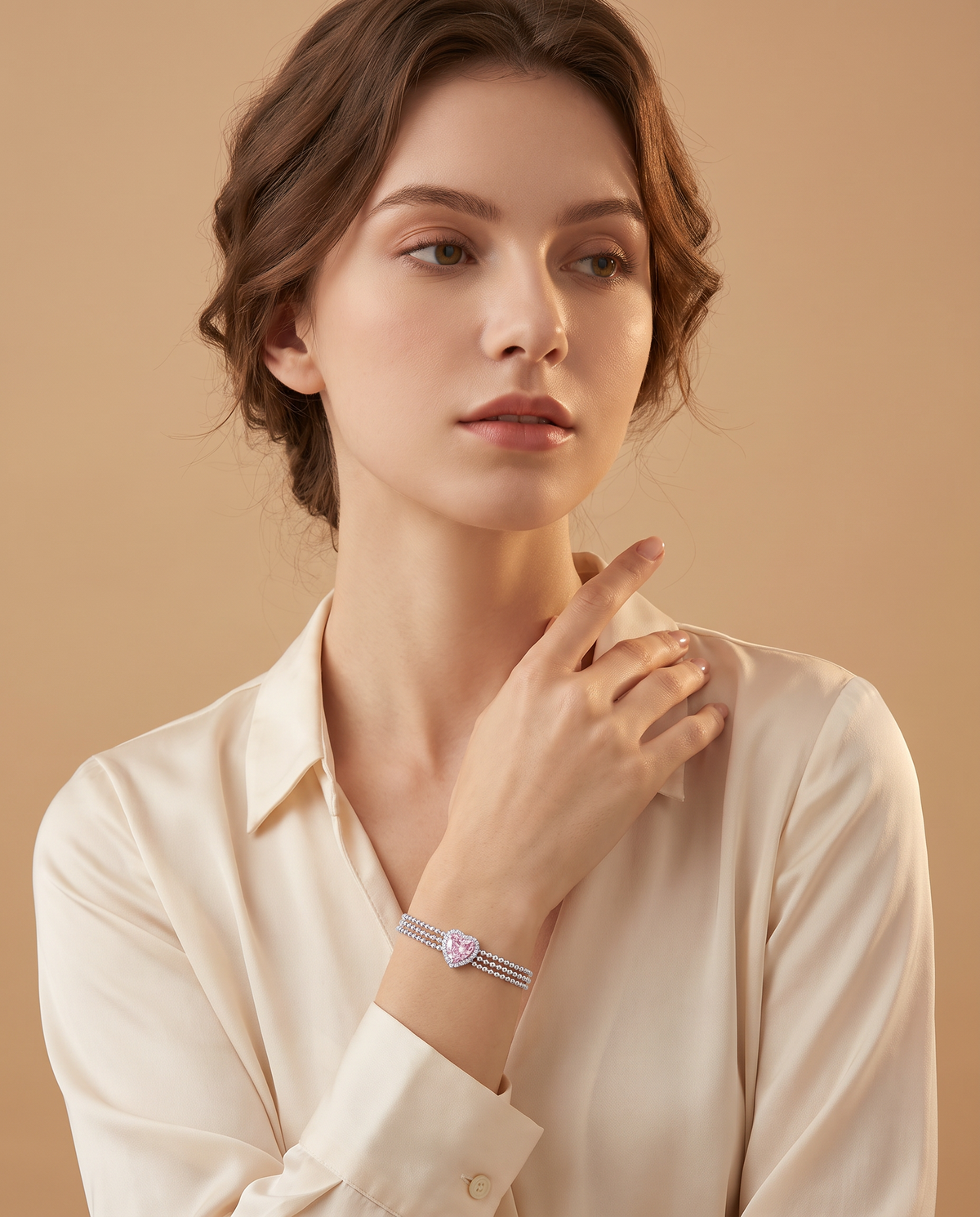 Model wearing the Pink Heart Triple Chain Bracelet